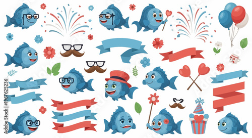 April Fools Day Celebration Funny Fish Characters, Mop Elements, Party Decorations and Festive Supplies for a Hilarious April Mop