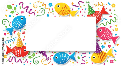 Vibrant April Mop Celebration Design with Playful Fish and Confetti - Perfect for April Fools Day Festivities, frame april mop, social media