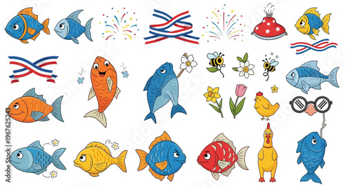 Whimsical cartoon fish and festive elements for a joyful April Mop Celebration. Playful illustrations perfect for April Fools Day pranks and fun events
