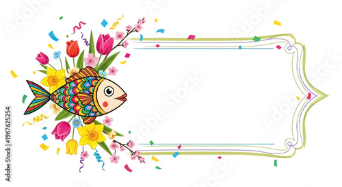A whimsical April Mop celebration featuring a playful fish in a jester's hat amidst festive confetti, perfectly capturing the joyful spirit of April Fools Day with a humorous twist