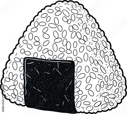 A triangular-shaped rice ball with a nori seaweed sheet wrapped around it