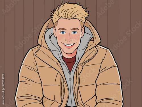 Young man sits and smiles in a puffer jacket with a hood while wearing a sweater indoors at a wooden wall