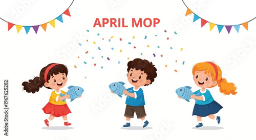 Joyful April Mop Celebration Cheerful children having a blast on April Fools Day with colorful confetti fun