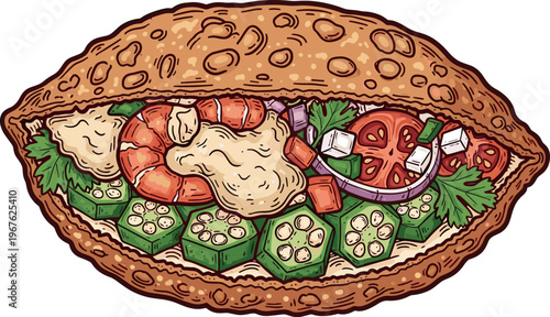 A delicious sandwich filled with shrimp and vegetables on a bun