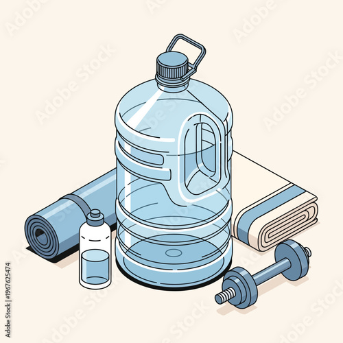 Essential fitness gear for a healthy lifestyle, featuring a large water bottle, yoga mat, towel, and dumbbell, promoting hydration and active living