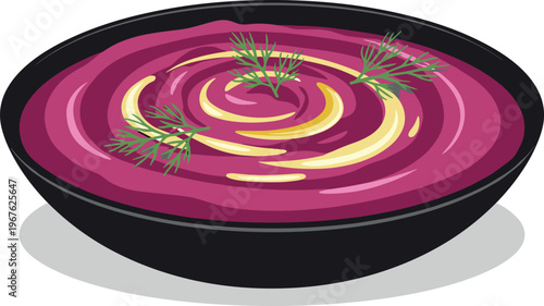 A vibrant bowl of beetroot soup with a swirl of cream and herbs