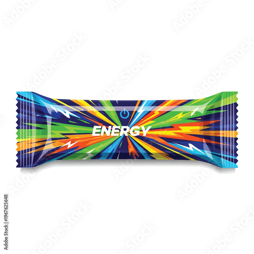 Energetic and vibrant energy bar wrapper with a dynamic, abstract design featuring lightning bolts and bright colors, suggesting power and refreshment