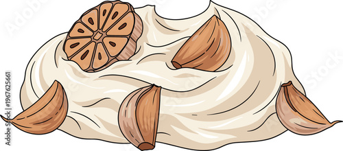 A vibrant illustration of garlic cloves and a bulb on a clean surface