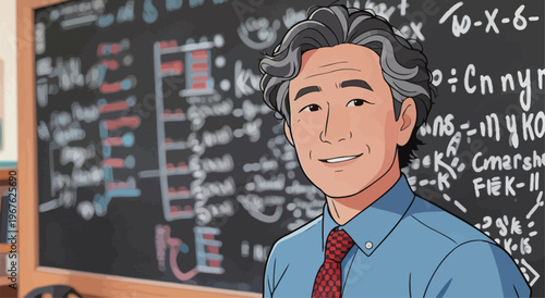 Teacher gives a lecture in front of a chalkboard filled with scientific equations and charts in a classroom setting during the afternoon