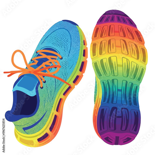 Vibrant rainbow-colored running shoe with laces and unique sole design, perfect for athletic activities and sportswear