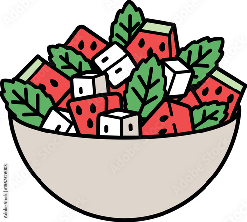 A bowl of fresh watermelon and feta cheese salad with green leaves