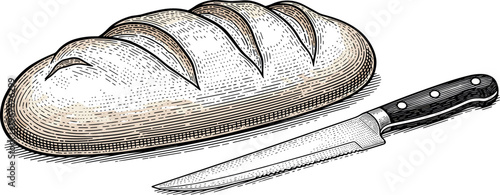 A drawing of a loaf of bread with a sharp knife beside it