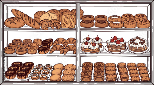 A bakery display case filled with various types of bread and pastries