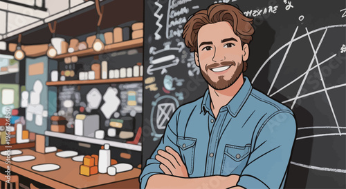 Young man smiles while standing in a cafe with a chalkboard wall full of notes and drawings
