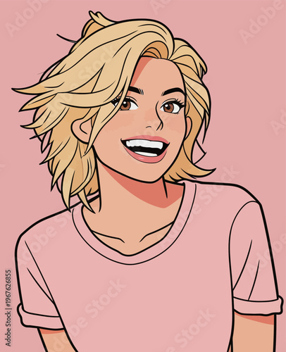 Young woman with blonde hair smiling in front of a pink background during daytime