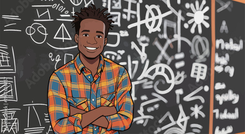 Young man stands proudly in front of a blackboard filled with drawings and symbols during a classroom session in a school