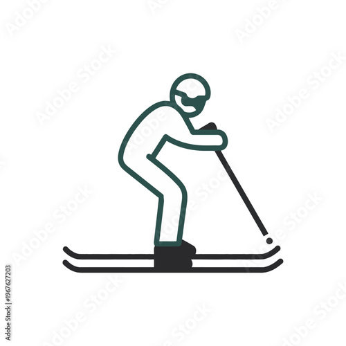 An illustration depicts a skier gliding down a snowy slope