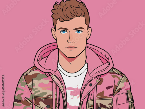 Young man wearing a camouflage jacket and looking straight ahead against a pink background with simple features and a modern style