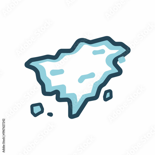 Simple illustrated map outline featuring a landmass with a water feature. The artwork has a bold black outline and a blue fill. 