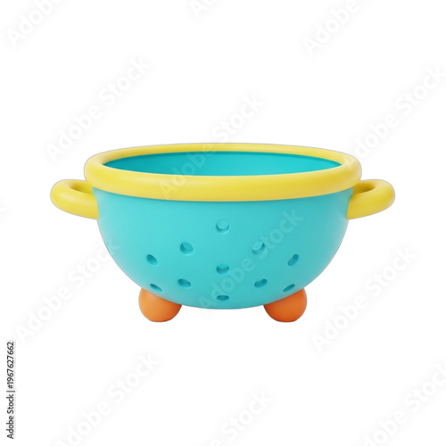 Turquoise and yellow colander with orange legs, for draining food