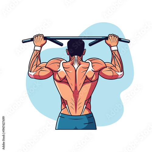 Back muscles of a muscular man doing pull-ups on a horizontal bar, illustrating strength training and fitness