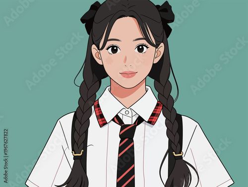 Young girl with braids wearing school uniform posed against a green background