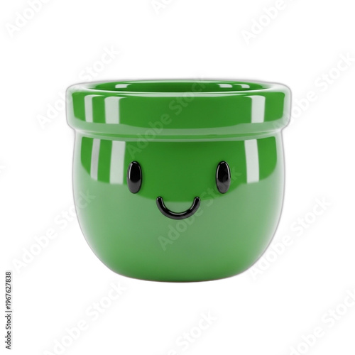 Cute Green Pot Character with Smiley Face Isolated on White Background