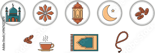 A collection of Islamic icons and symbols for Ramadan or Eid celebrations