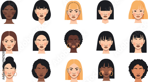 A diverse group of cartoon women with different hairstyles and skin tones