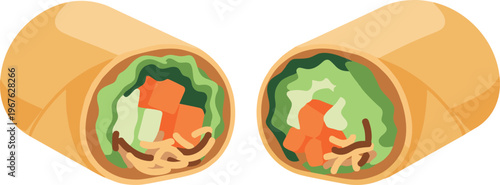 A digital illustration of two halves of a fresh vegetable spring roll