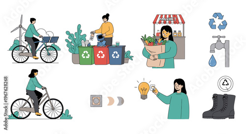 Flat lay illustration of a woman engaging in eco-friendly activities such as recycling, riding a bicycle, and turning on a water faucet with a lightbulb, surrounded by plants and a