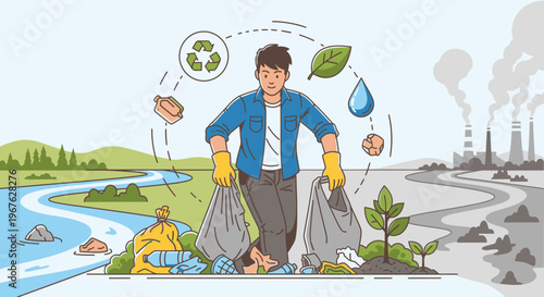 Man collecting trash in a bag with recycling symbols and industrial pollution in the background with a river and green landscape.