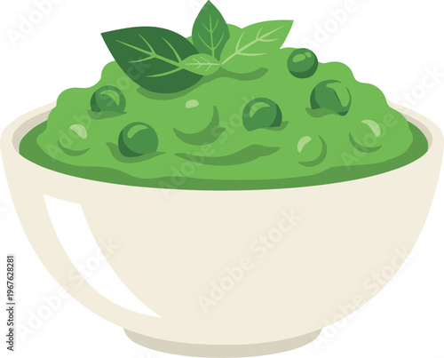 A bowl of green peas with fresh herbs in a simple white bowl