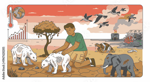 Illustration of a man with a watering can standing among a desolate landscape with a barren tree, industrial buildings, and polluted air with birds flying away, surrounded by a dead polar