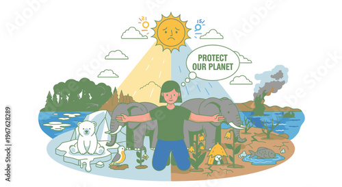 Illustration of a person protecting the environment with various animals and natural elements on either side, conveying an eco-friendly message.