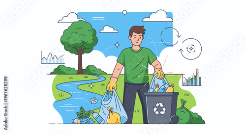 A cartoon man in a green shirt throwing recyclable materials into a recycling bin near a serene landscape with a river and tree under a blue sky with clouds.