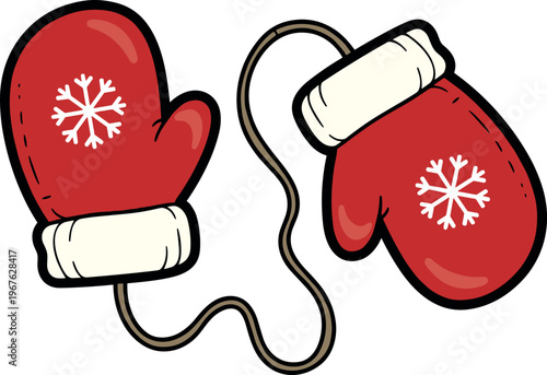 A pair of red winter mittens with snowflakes on a white background