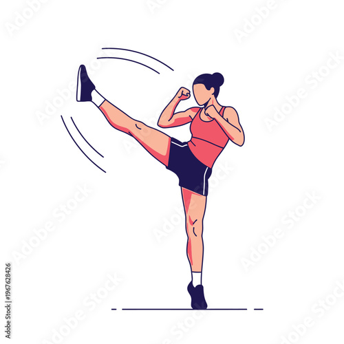 Athletic woman performing a high kick exercise, demonstrating agility and fitness with energetic motion lines, a stylized illustration of martial arts training