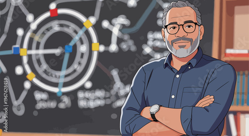 Instructor stands in front of a blackboard filled with drawings and notes related to physics and mathematics at a classroom