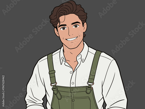 Young man wears green overalls and smiles in a simple cartoon style illustration with a gray background