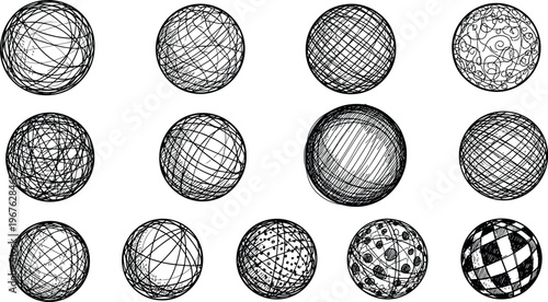 A collection of variously designed and patterned spheres in black and white