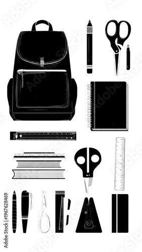 School Supplies and Stationery - Silhouette Style Illustration Set