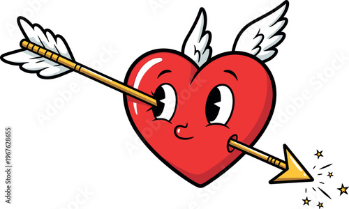A cartoon heart with wings and an arrow through it smiles sweetly
