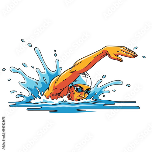 Illustration of a person swimming the butterfly stroke, creating a splash in the water with their arms