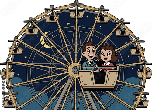 A cartoon illustration of a couple enjoying a romantic Ferris wheel ride