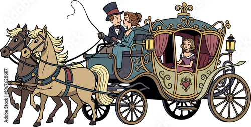 A classic horse-drawn carriage with a couple and child traveling in style