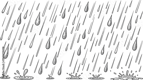 An illustration of raindrops falling and splashing into puddles on the ground