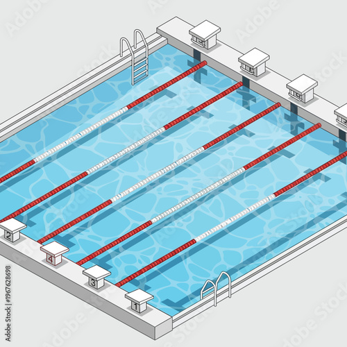 Isometric illustration of a modern swimming pool with marked lanes, starting blocks, and ladders, ready for competitive aquatic sports, training, or recreational activities