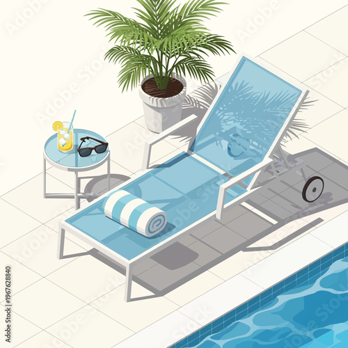 Relaxing poolside scene with a lounge chair, side table, plant, and swimming pool edge