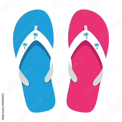Vibrant blue and pink flip-flops adorned with a charming palm tree design, perfect for summer adventures and beachside relaxation